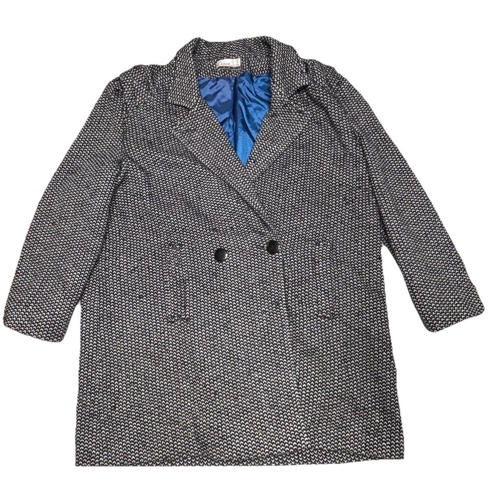 Vintage Diana Marco‎ Black White Textured Wool Blend Long Coat Blue Lining XL